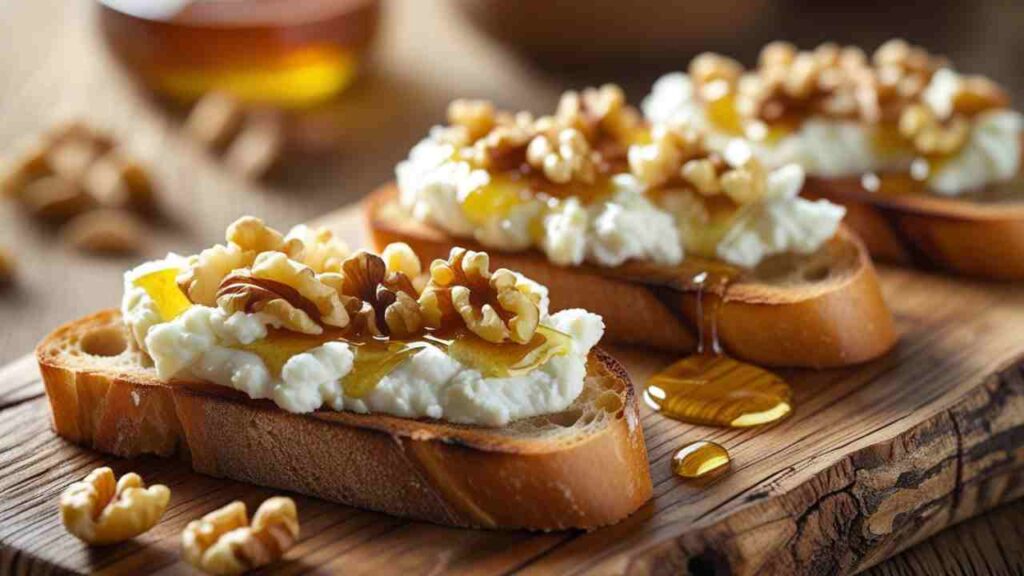 Bruschette con ricotta, miele e noci