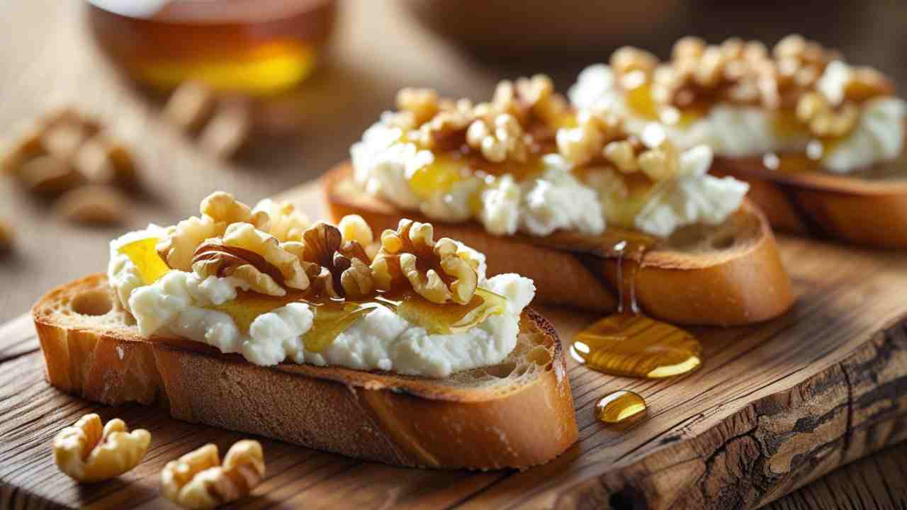 Bruschette con ricotta, miele e noci