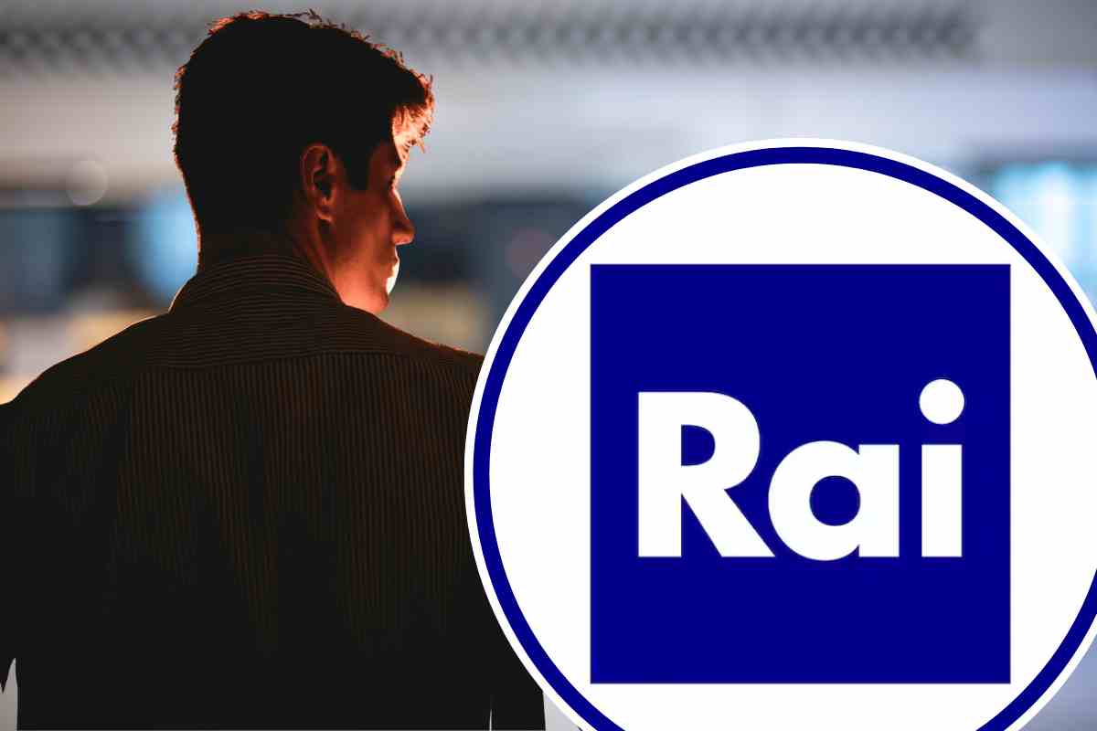 Un volto di spalle, sullo sfondo un ufficio e nel tondo il logo rai