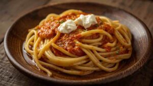 Un piatto di pasta con crema di peperoni e ricotta
