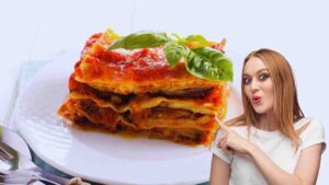 lasagne alla norma e donna che indica