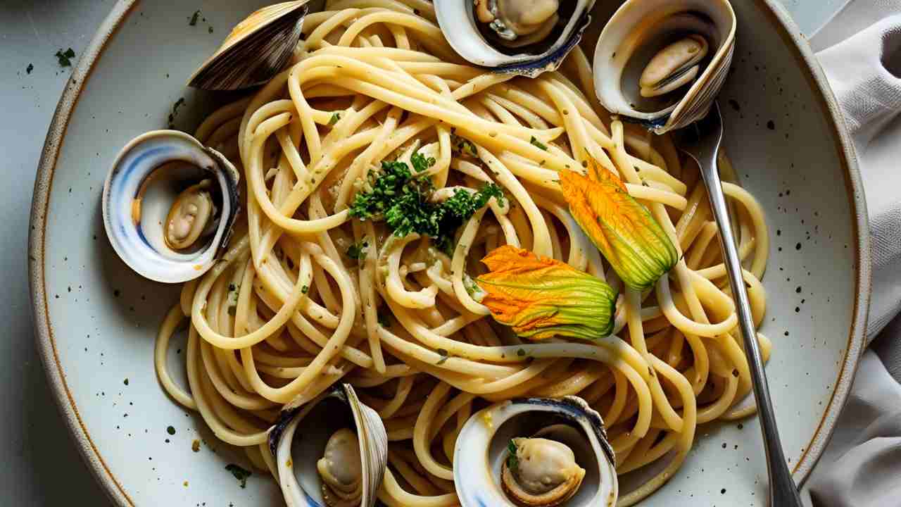 linguine vongole e fiori di zucca