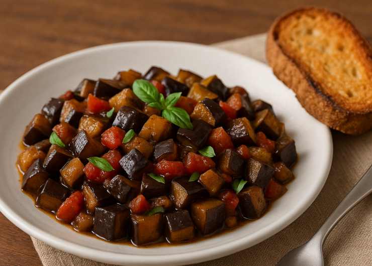 melanzane a funghetto con pane e basilico
