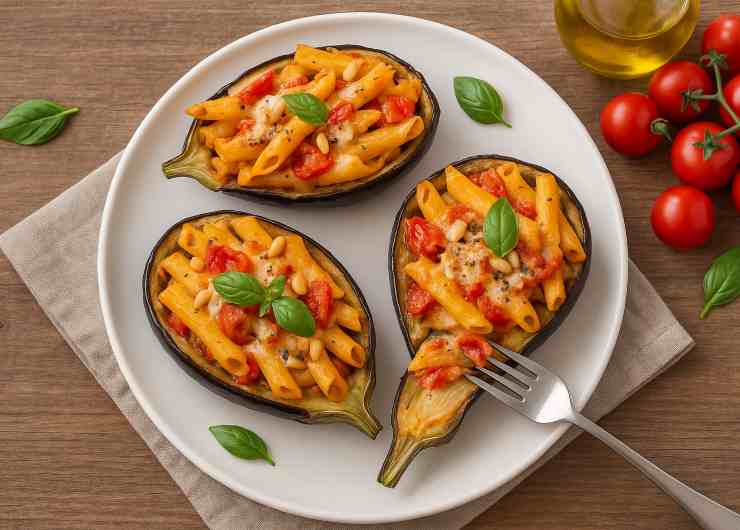 melanzane ripiene di pasta viste dall'alto