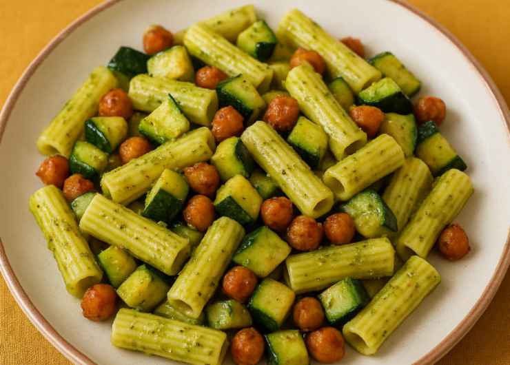 rigatoni ceci zucchine e pesto