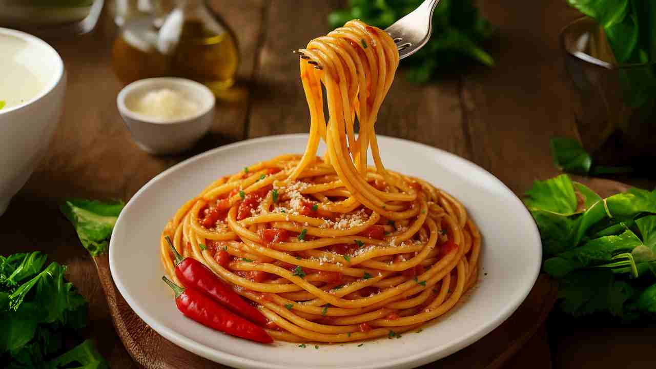 spaghetti alla corte d'assise in un piatto con forchetta