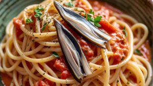 spaghetti pomodorini arrosto e alici