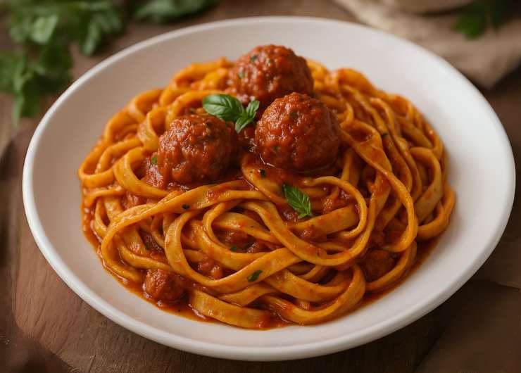 piatto di tagliatelle con sugo e polpette