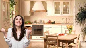cucina in ordine e pulita donna felice