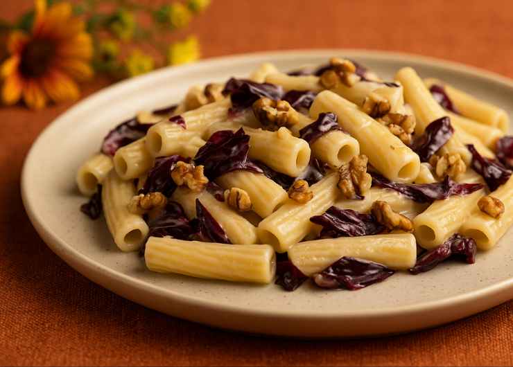 piatto di rigatoni radicchio gorgonzola e noci