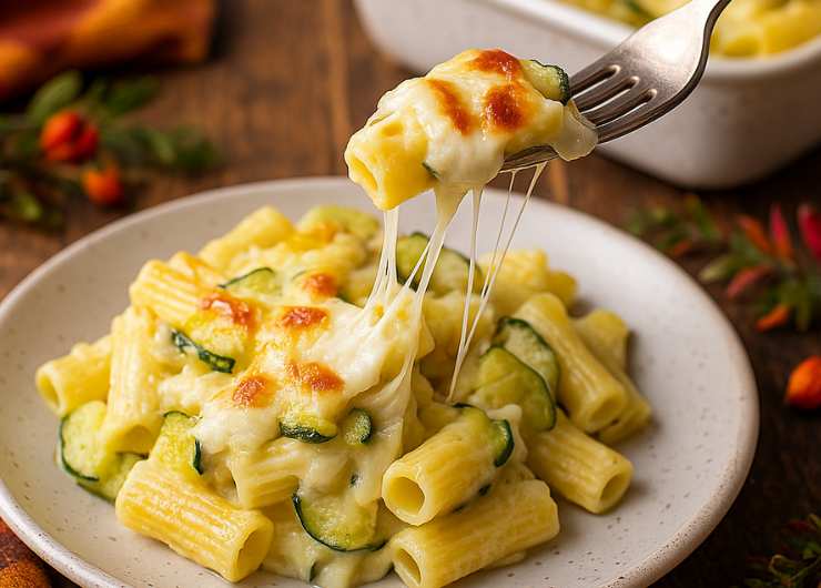 piatto di pasta al forno con le zucchine e mozzarella filante