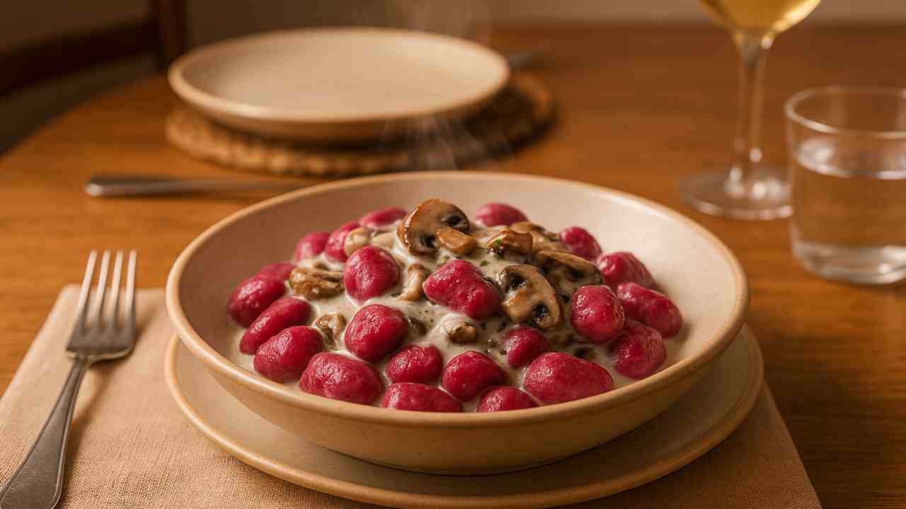 gnocchi barbabietola panna e funghi