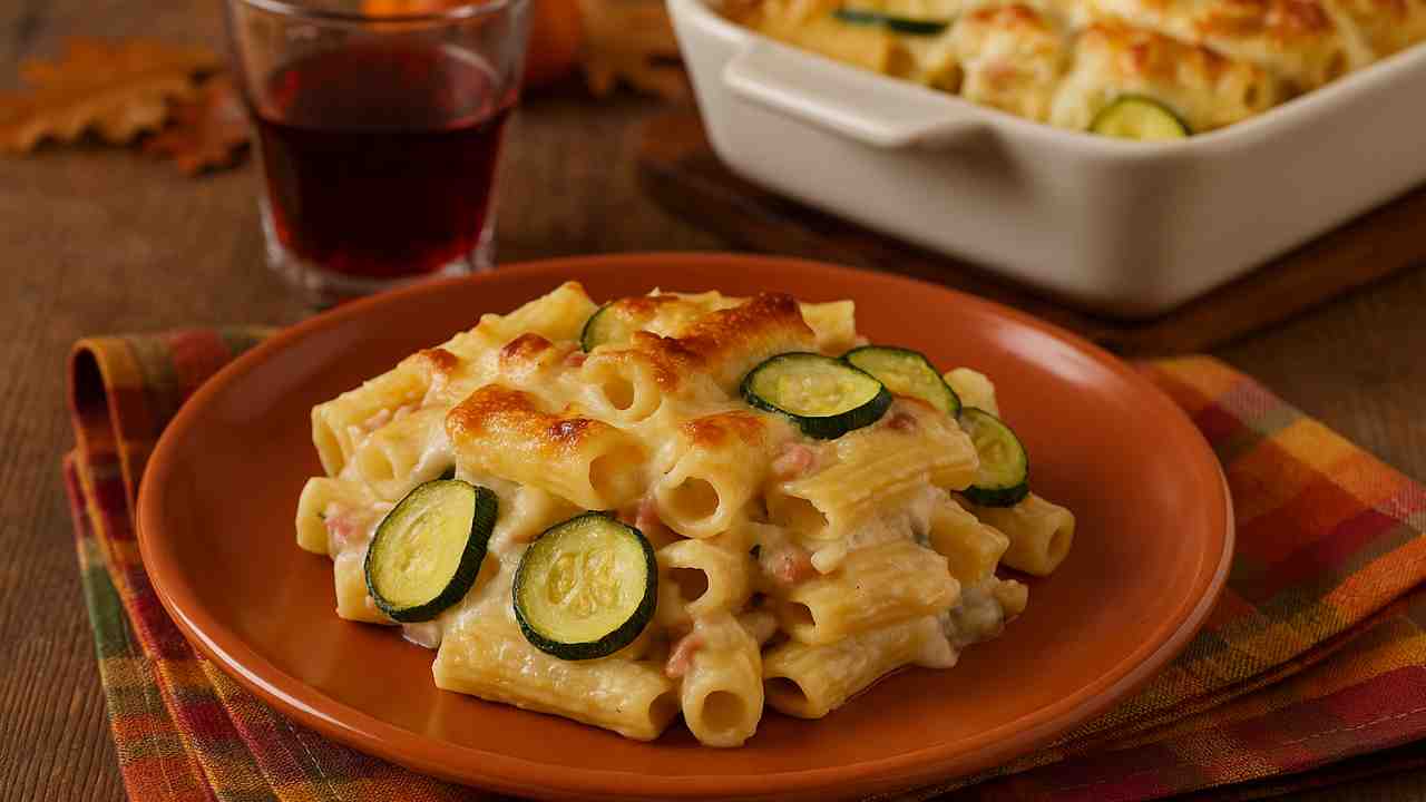pasta al forno con zucchine in un piatto