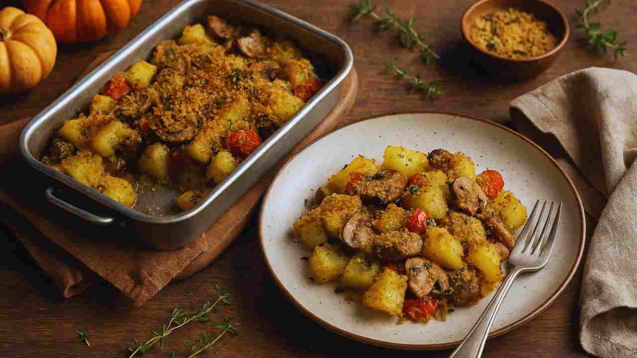 patate funghi al forno in teglia e una porzione in un piatto